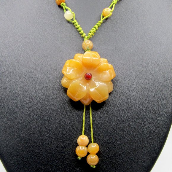 Carved Jade Flower Necklace Chinese Knot Adjustable Boho - Picture 1 of 5